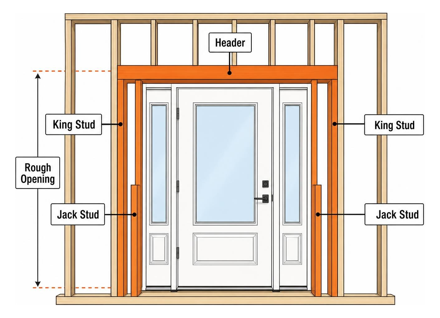 Structural wall framing showing rough opening, header, king studs, and jack studs for a door with sidelights