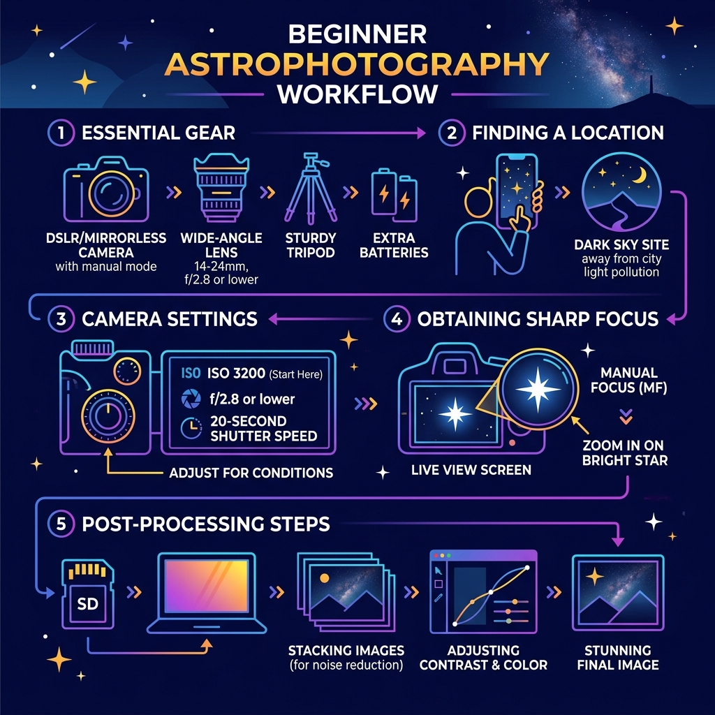 Beginner astrophotography workflow: gear, settings, location, focus, and post-processing steps - astrophotography beginner