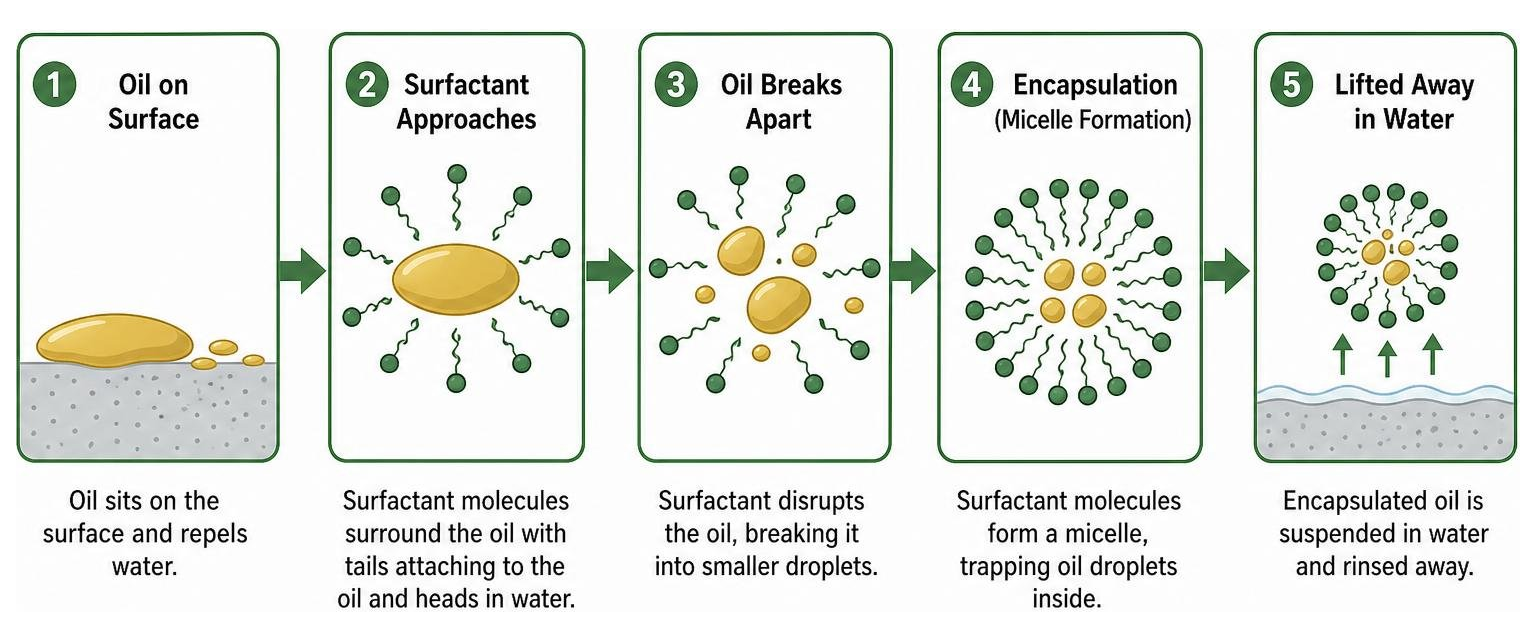 How surfactant molecules break down and encapsulate oil particles