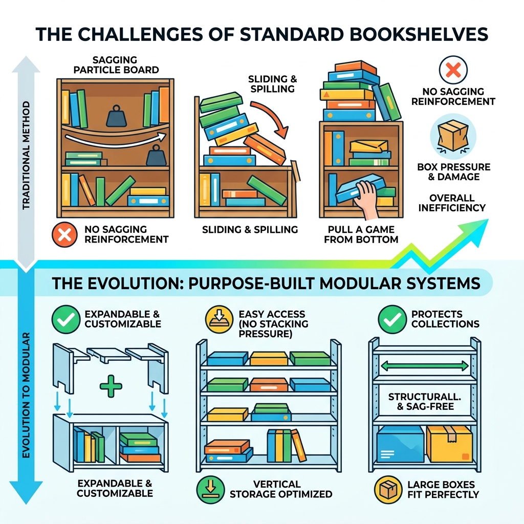 Infographic: Evolution of board game storage from standard bookshelves to purpose-built modular systems - modular shelf game Infographic: Evolution of board game storage from standard bookshelves to purpose-built modular systems - modular shelf game