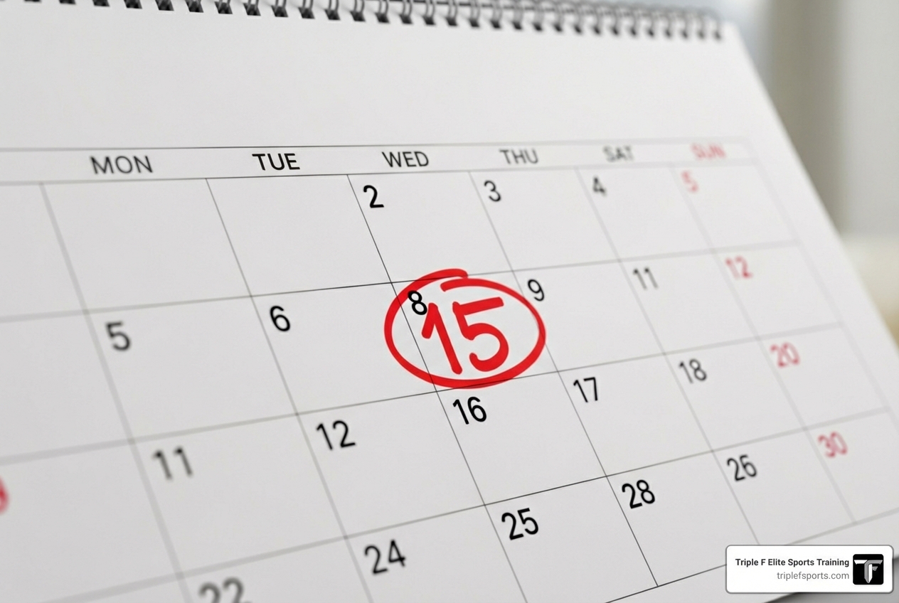 A calendar with a date circled 6 weeks before a sports season starts. - youth sports physical A calendar with a date circled 6 weeks before a sports season starts. - youth sports physical