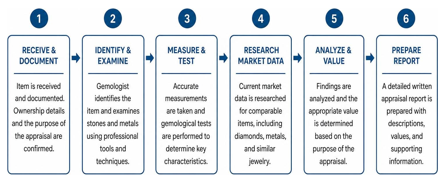 Diagram showing the step-by-step jewelry appraisal evaluation process