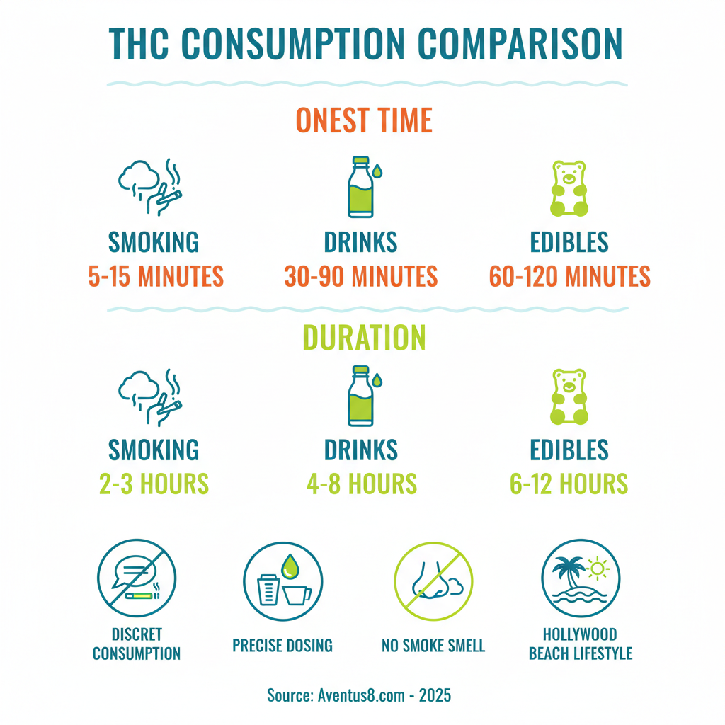 infographic showing THC drink onset time comparison: smoking 5-15 minutes, drinks 30-90 minutes, edibles 60-120 minutes; duration comparison: smoking 2-3 hours, drinks 4-8 hours, edibles 6-12 hours; plus icons showing discreet consumption, precise dosing, no smoke smell, and Hollywood Beach lifestyle compatibility - top rated THC infographic infographic showing THC drink onset time comparison: smoking 5-15 minutes, drinks 30-90 minutes, edibles 60-120 minutes; duration comparison: smoking 2-3 hours, drinks 4-8 hours, edibles 6-12 hours; plus icons showing discreet consumption, precise dosing, no smoke smell, and Hollywood Beach lifestyle compatibility - top rated THC infographic