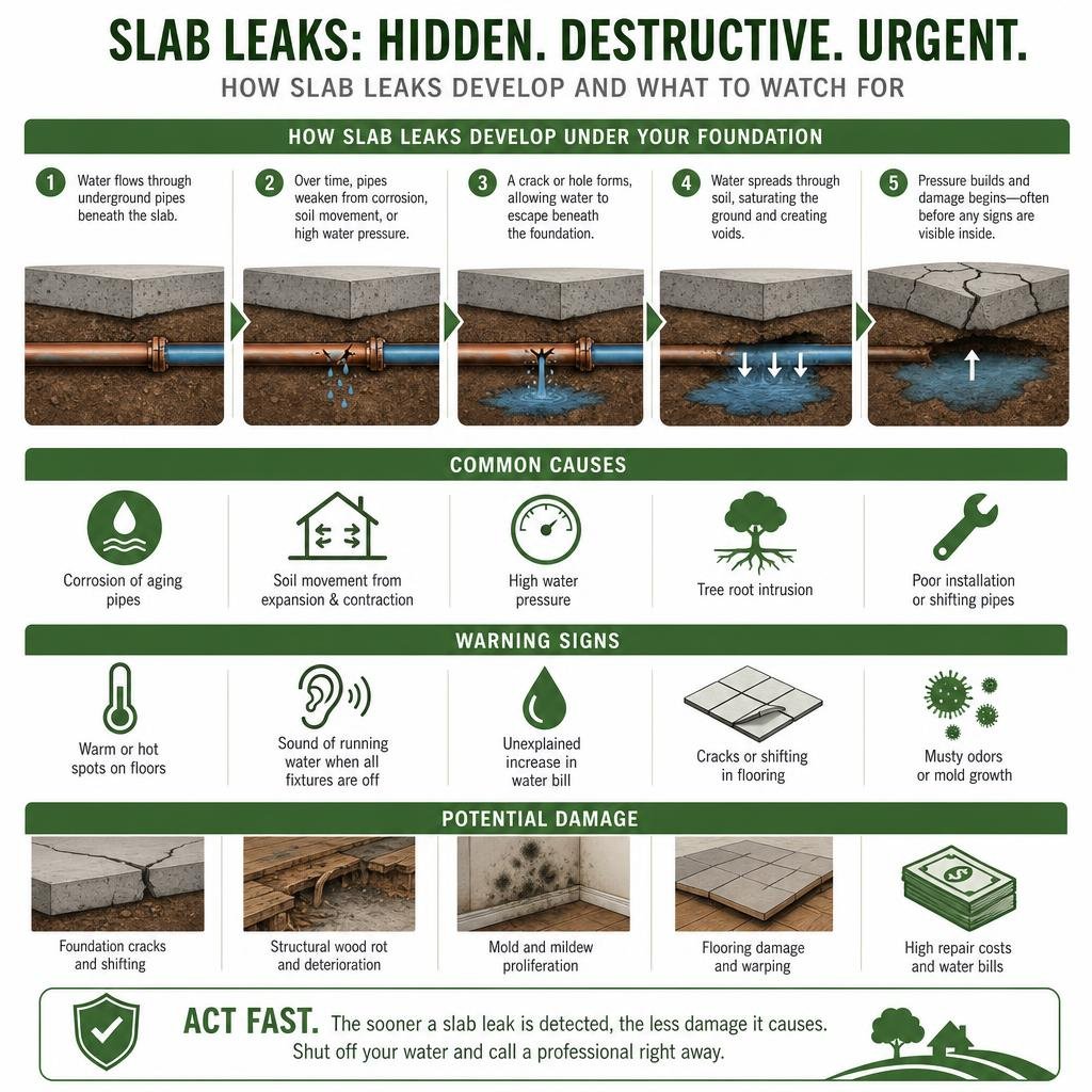 how slab leaks develop under concrete foundation infographic steps causes warning signs damage infographic how slab leaks develop under concrete foundation infographic steps causes warning signs damage infographic