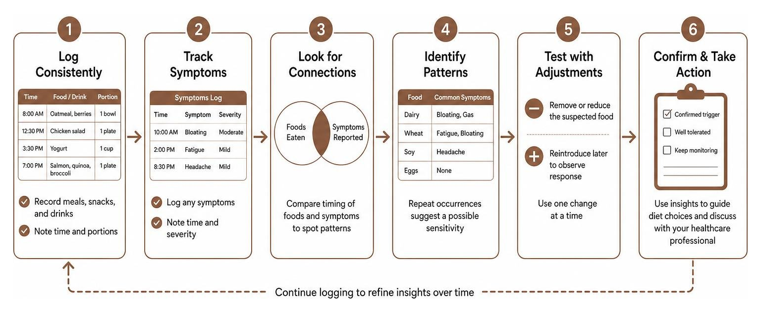 Process of identifying food sensitivities using a symptom tracking log Process of identifying food sensitivities using a symptom tracking log