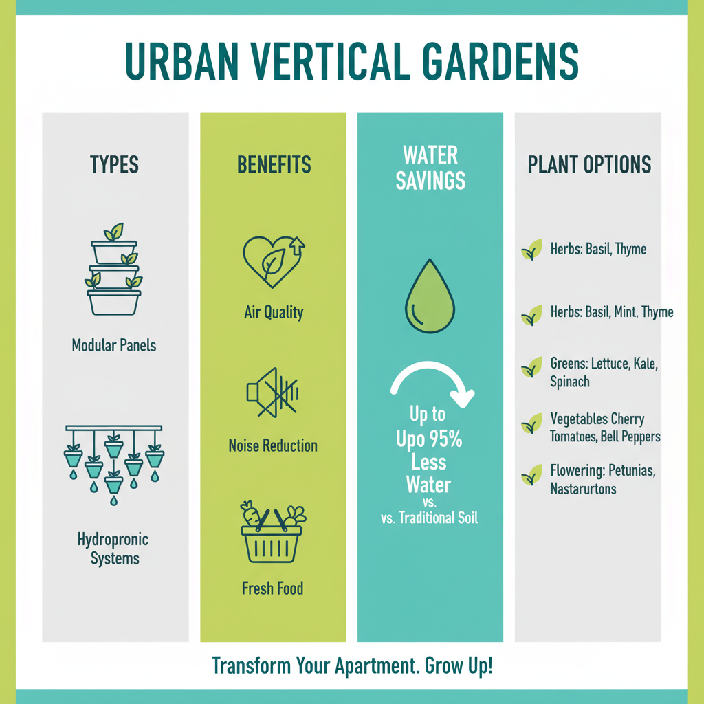 Infographic showing vertical garden types, benefits, water savings, and plant options for urban apartments - Urban vertical