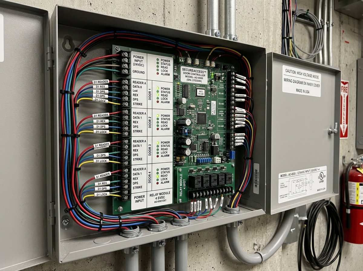 A high-tech door control panel managing multiple inputs and outputs - access control controller A high-tech door control panel managing multiple inputs and outputs - access control controller