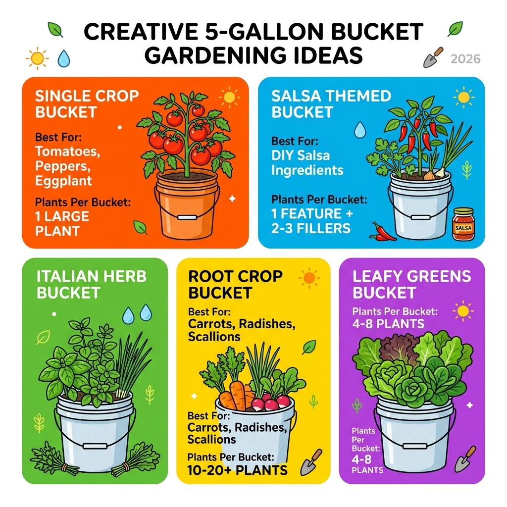 Infographic showing 5-gallon bucket gardening ideas including crop types, plant density, and themed buckets - 5 gallon