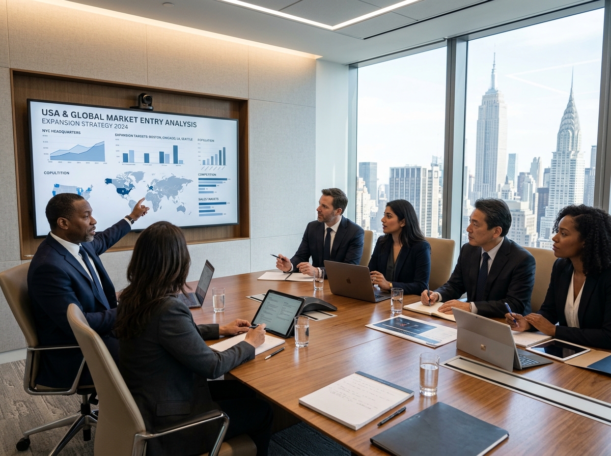 business leadership team conducting market entry expansion analysis in a boardroom - market entry expansion analysis