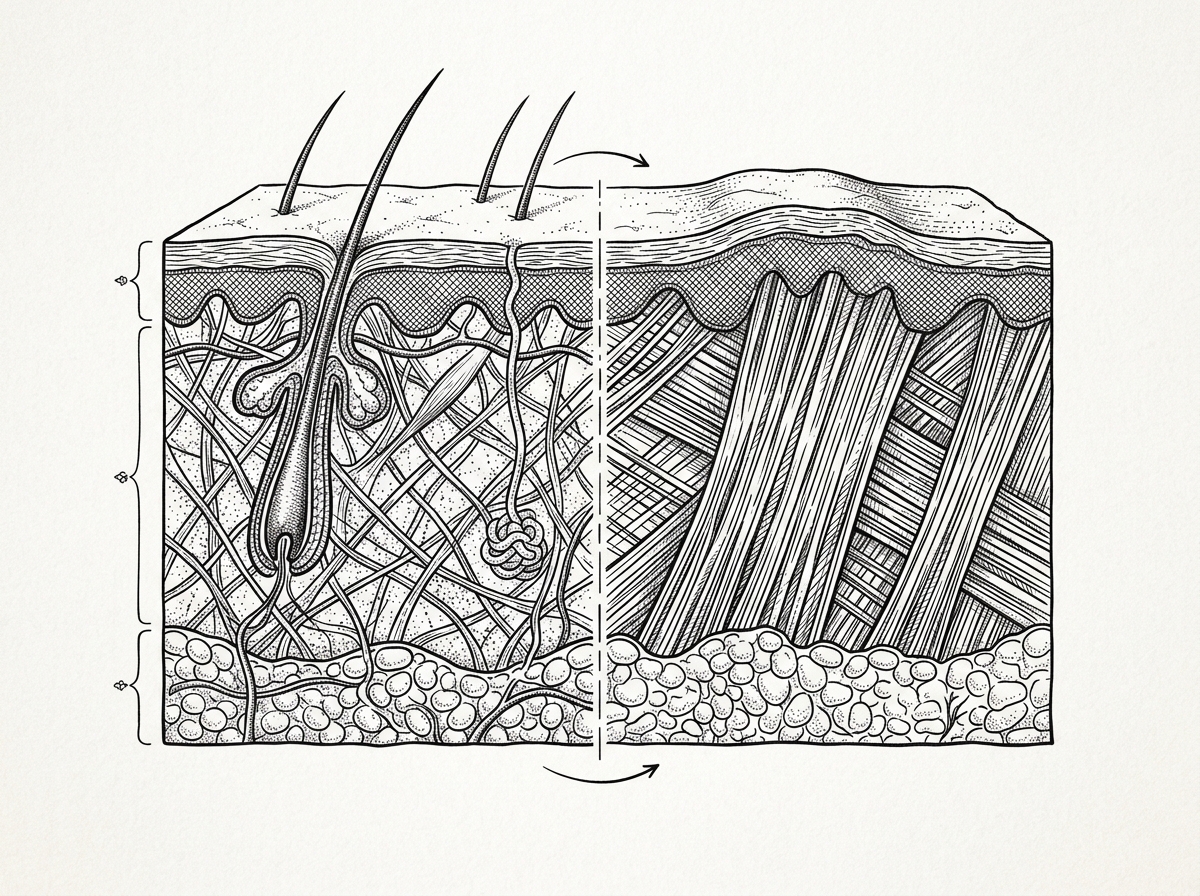 The alignment of collagen fibers in healthy skin versus the parallel bundles in scar tissue - non surgical burn scars