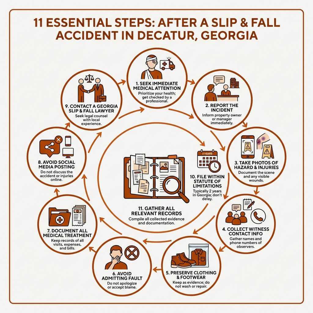 infographic showing 11 steps to take after a slip and fall accident in Decatur, Georgia: seek medical attention immediately, report the incident to property owner or manager, take photos of the hazard and your injuries, collect witness contact information, preserve clothing and footwear as evidence, avoid admitting fault or apologizing, document all medical treatment and expenses, avoid posting on social media, contact a Georgia slip and fall lawyer, file within the statute of limitations (typically 2 years), and gather all relevant records and receipts - slip and fall lawyer Decatur infographic infographic showing 11 steps to take after a slip and fall accident in Decatur, Georgia: seek medical attention immediately, report the incident to property owner or manager, take photos of the hazard and your injuries, collect witness contact information, preserve clothing and footwear as evidence, avoid admitting fault or apologizing, document all medical treatment and expenses, avoid posting on social media, contact a Georgia slip and fall lawyer, file within the statute of limitations (typically 2 years), and gather all relevant records and receipts - slip and fall lawyer Decatur infographic