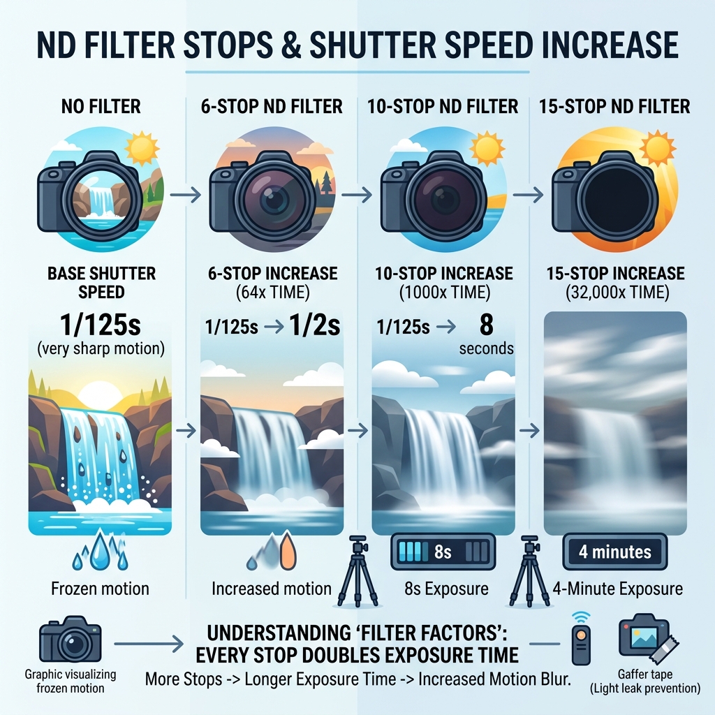 infographic showing how ND stops increase shutter speed time - long exposure guide pdf infographic infographic showing how ND stops increase shutter speed time - long exposure guide pdf infographic