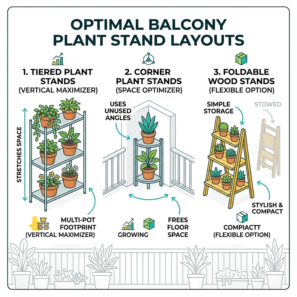 Optimal balcony plant stand layouts showing tiered, corner, and foldable options - plant stand ideas for balcony infographic 