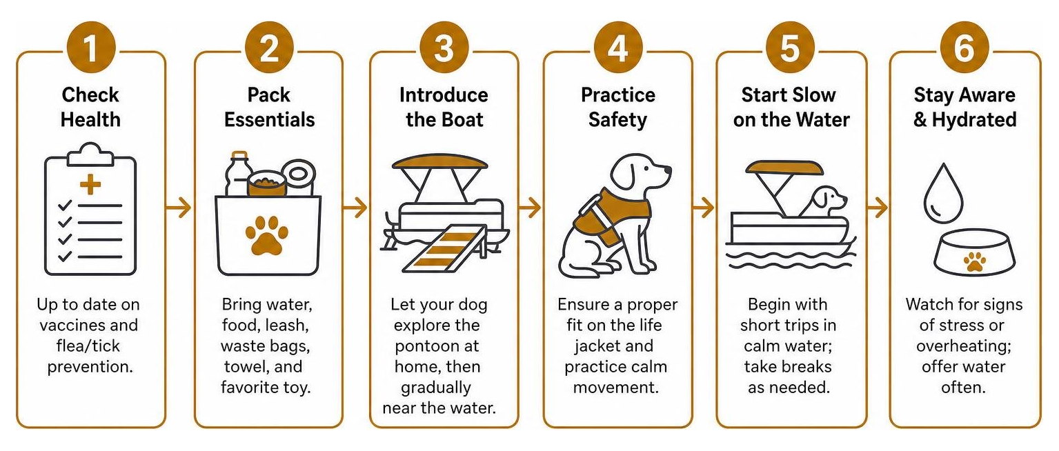 Sequence of preparing your dog for a safe day on a pontoon boat Sequence of preparing your dog for a safe day on a pontoon boat