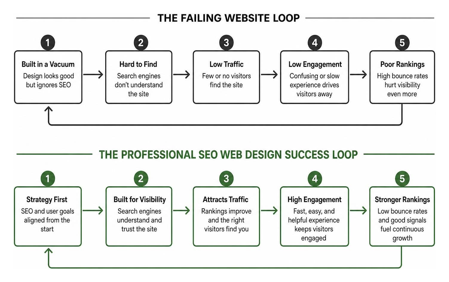 Diagram Showing The Difference Between A Failing Website Loop And A Professional Seo Web Design Success Loop