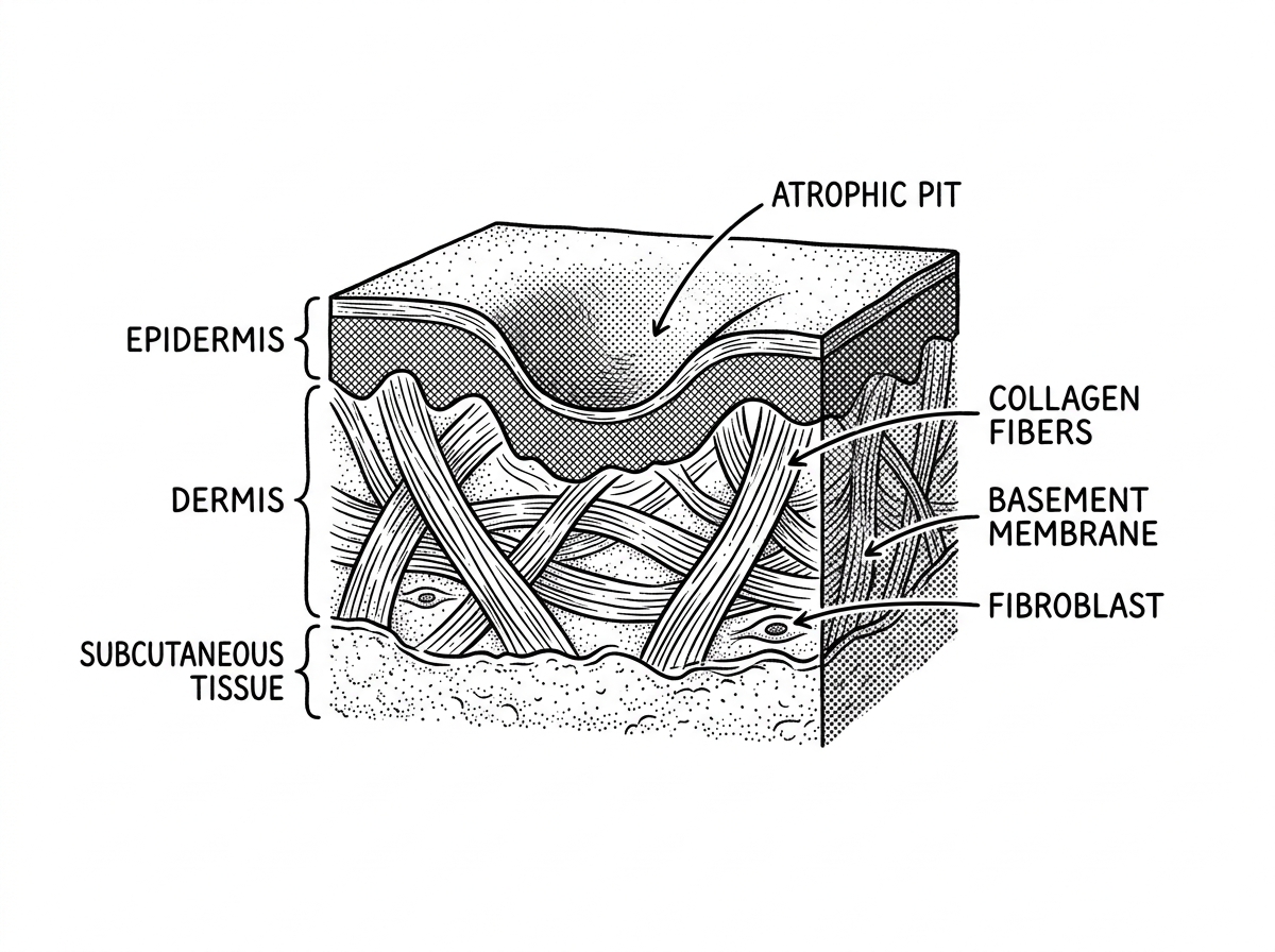 A stippled illustration of a skin cross-section showing an atrophic pit and collagen fibers - non invasive chickenpox scars