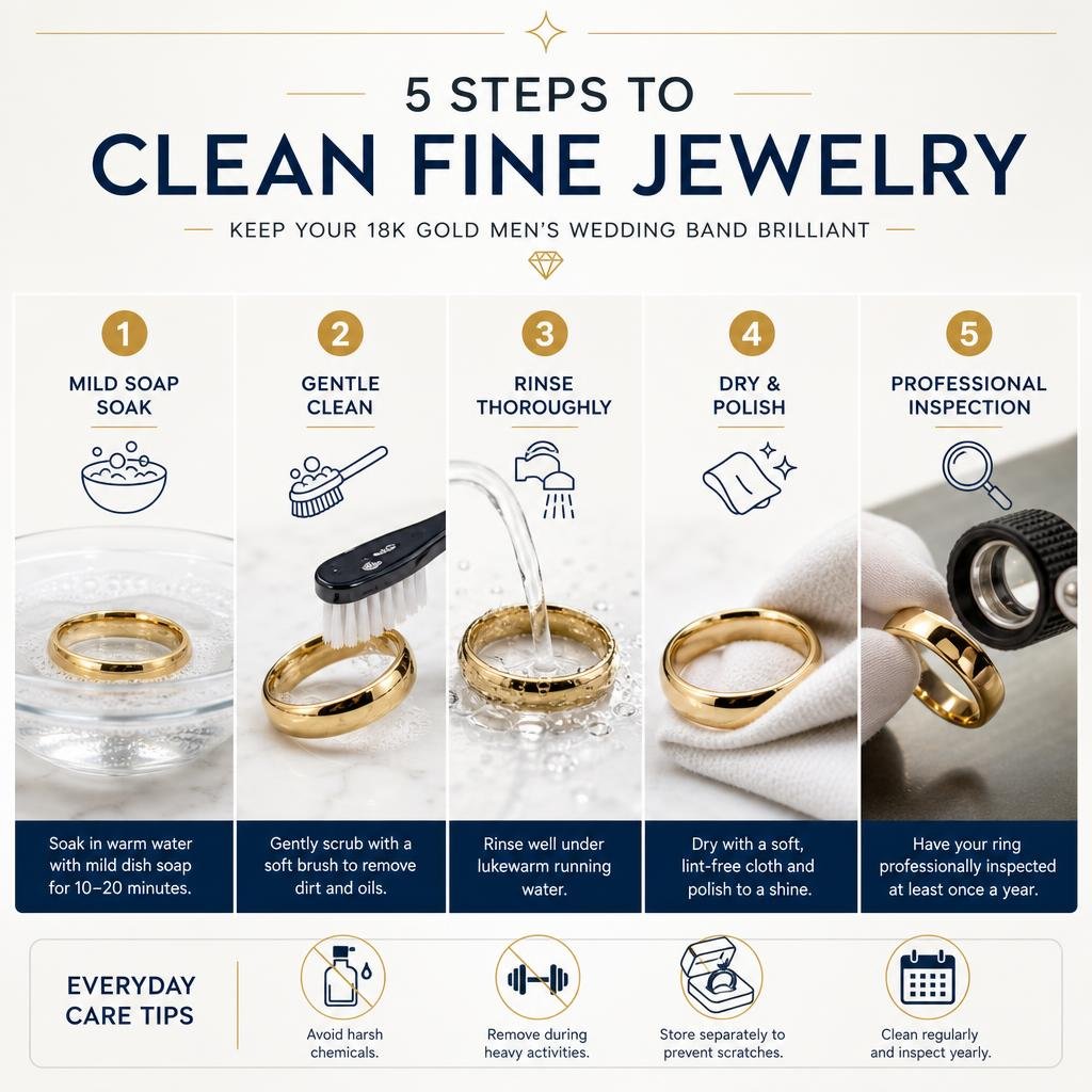 Infographic detailing the steps for cleaning fine jewelry, from mild soap soak to professional inspection infographic