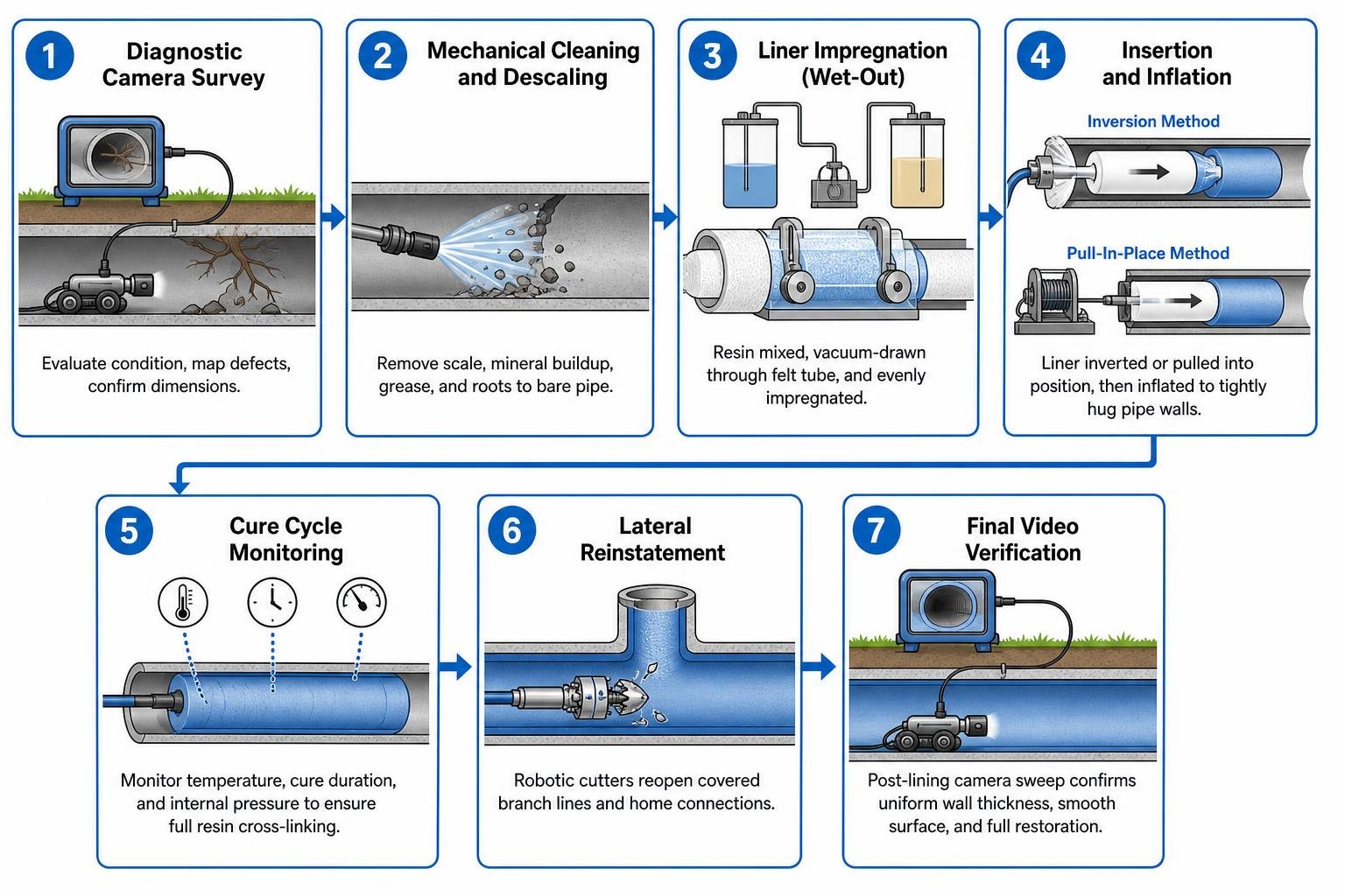 Step-by-step pipe lining installation sequence Step-by-step pipe lining installation sequence