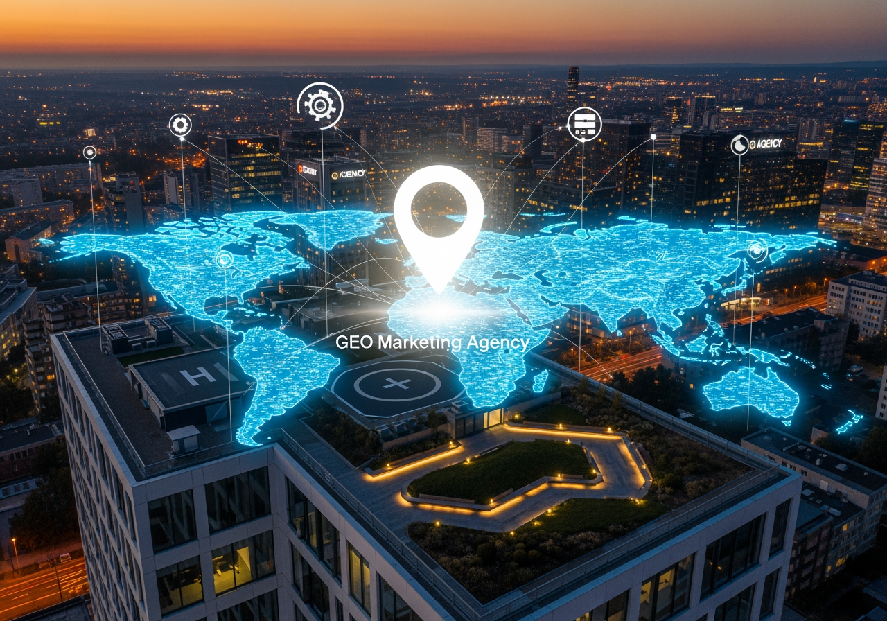 GEO marketing agency concept with a digital world map, location pin, and city skyline at sunset, illustrating AI-driven search visibility and optimization strategies.
