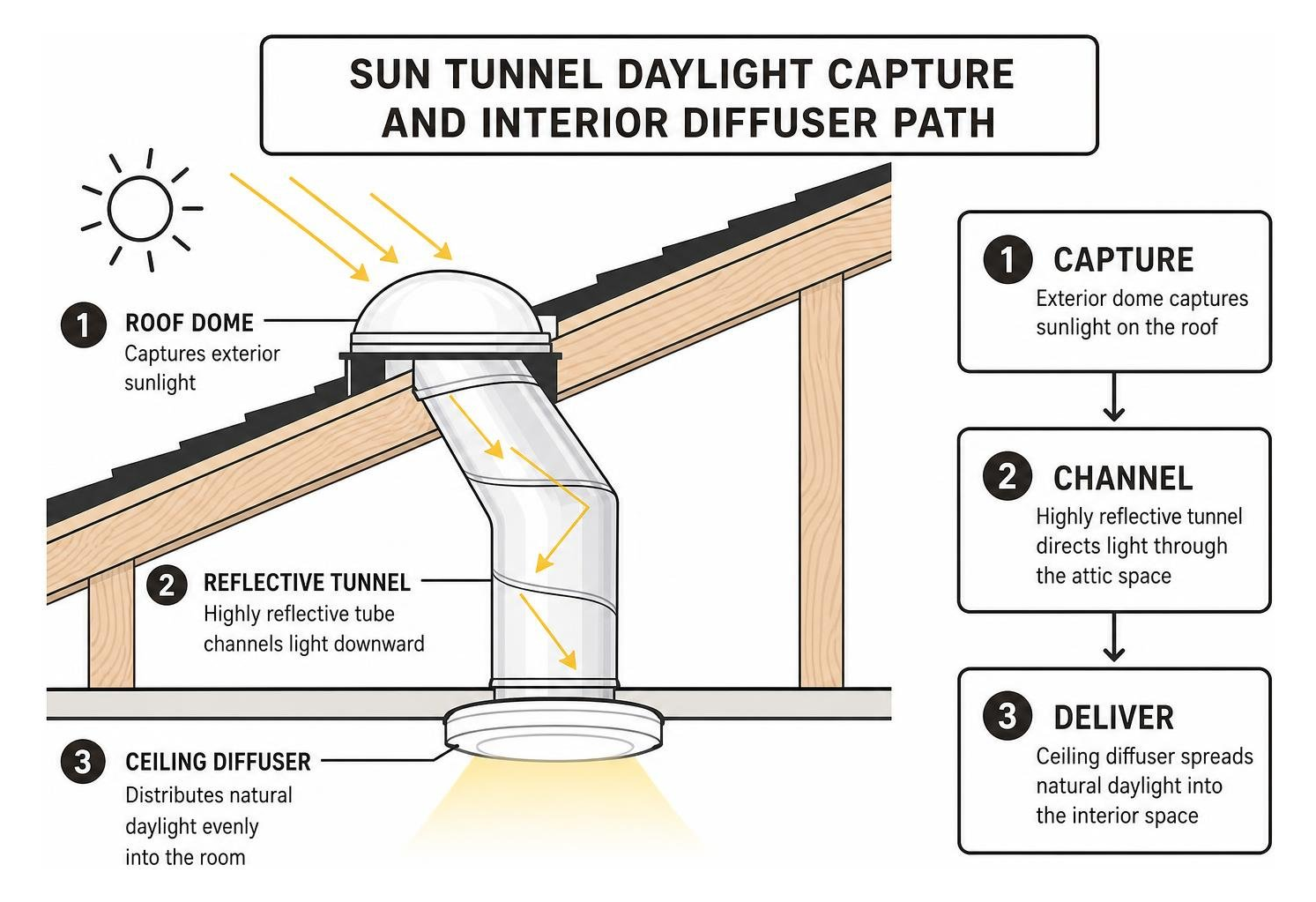 Sun Tunnel daylight capture and interior ceiling diffuser path Sun Tunnel daylight capture and interior ceiling diffuser path