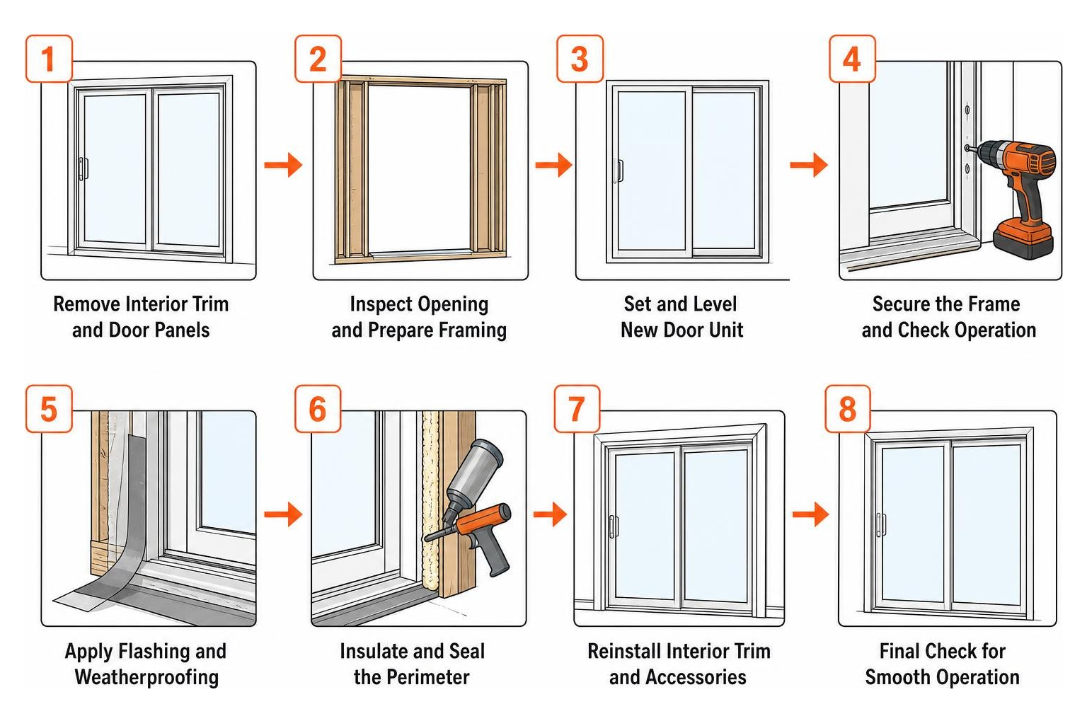 Step by step installation sequence for a new patio door unit