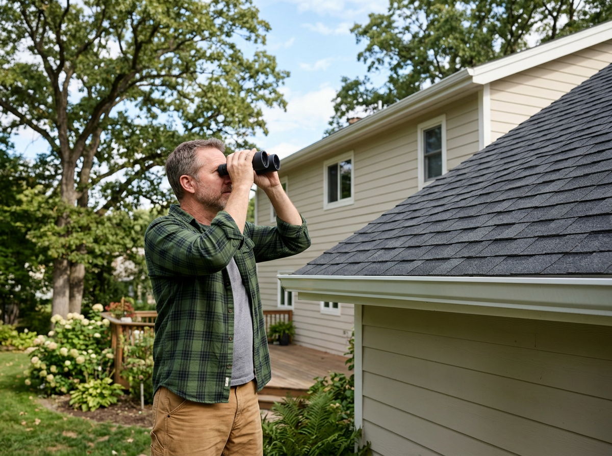 Essential Exterior Maintenance: Roofing and Gutter Care 2 Homeowner inspecting roof shingles with binoculars