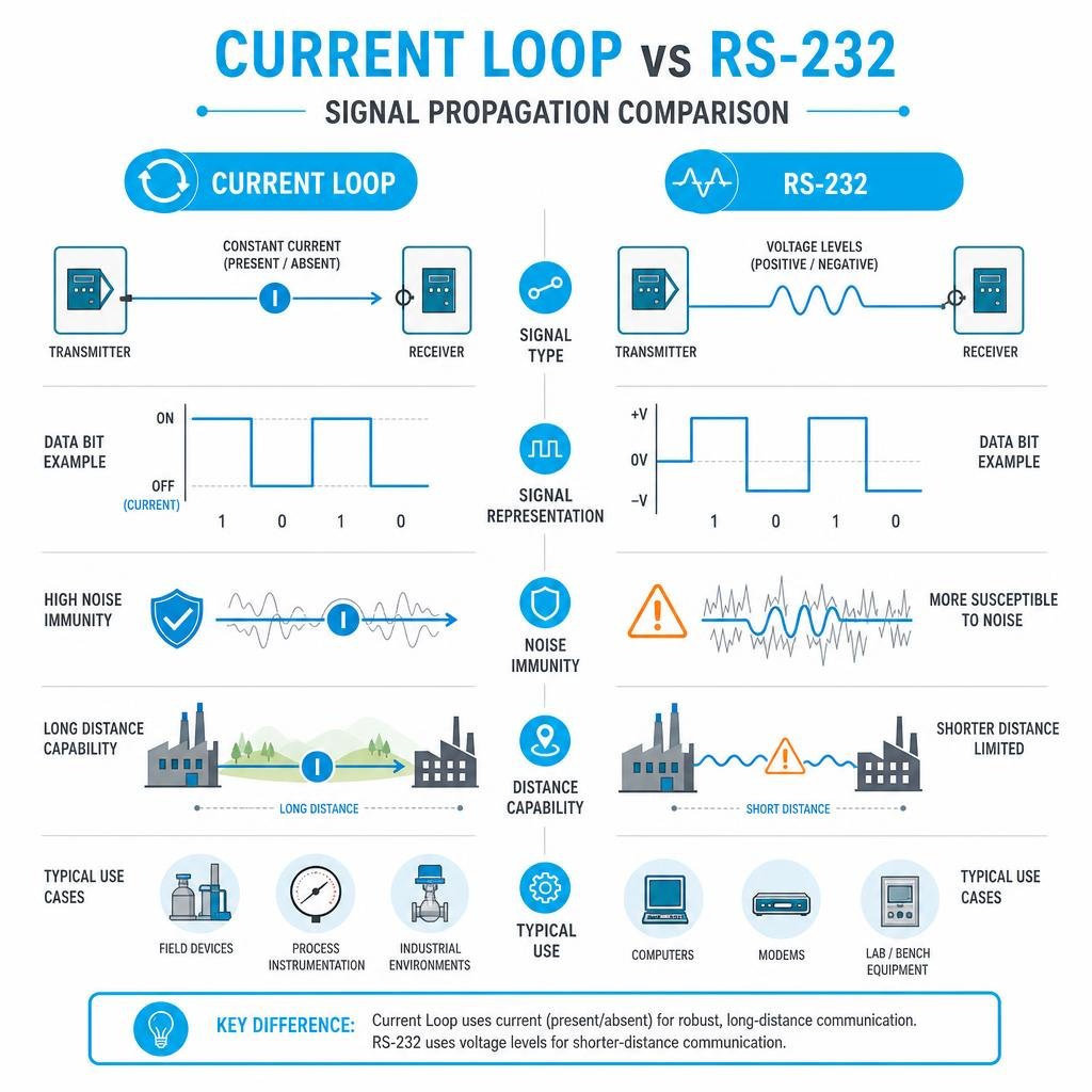 Ensuring Precision with Industrial Measurement and Control Equipment 2 infographic explaining current loop vs RS-232 signal propagation infographic