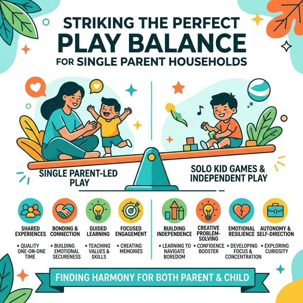 balance between parent-led and solo play for single parents infographic - solo parent kid games infographic 