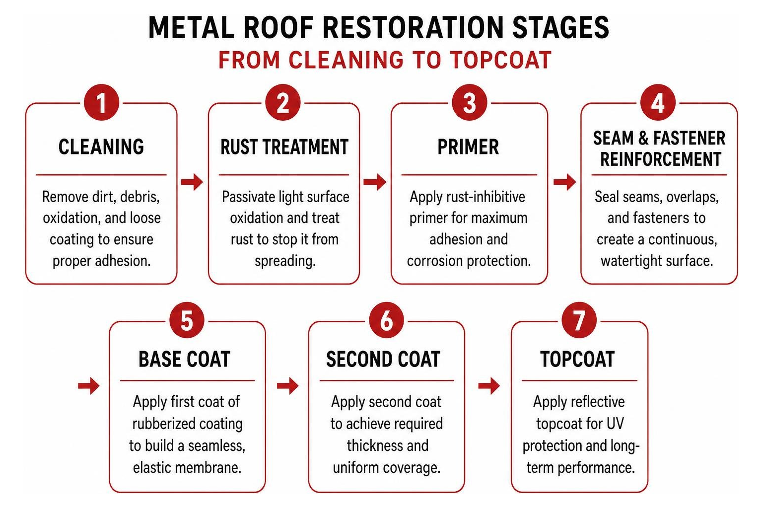 diagram of metal roof restoration stages from cleaning to topcoat diagram of metal roof restoration stages from cleaning to topcoat