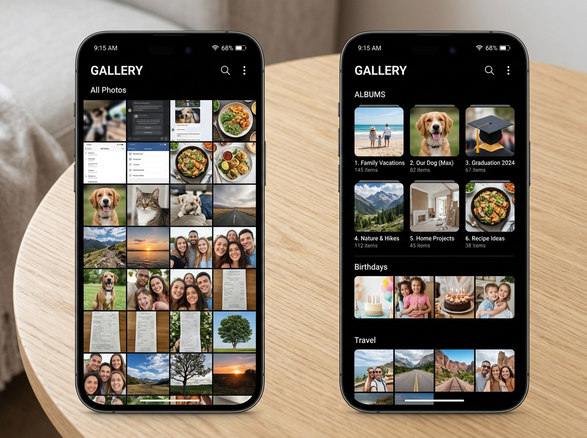 Comparison between native Apple Photos view and organized third-party folder structures - apps to organize iphone camera roll
