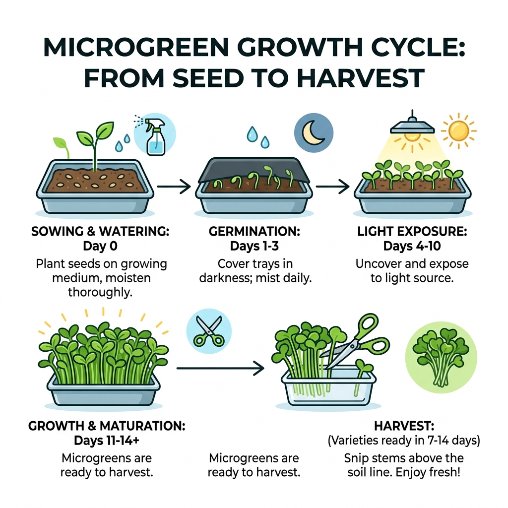 Microgreen growth cycle from seed to harvest infographic - microgreens indoor herb setup infographic Microgreen growth cycle from seed to harvest infographic - microgreens indoor herb setup infographic