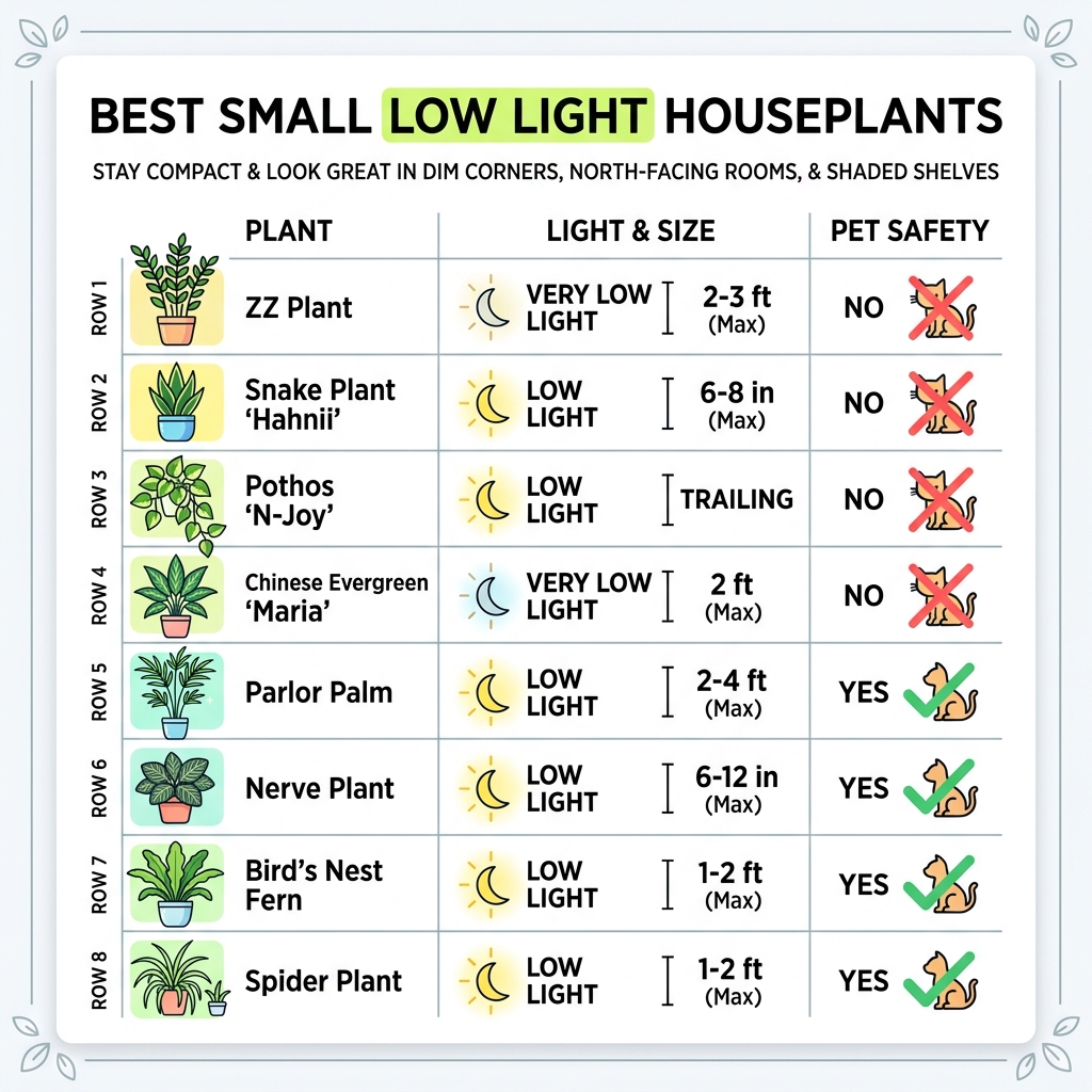 Infographic showing best small low light houseplants with light levels, sizes, and pet safety - best small houseplants for