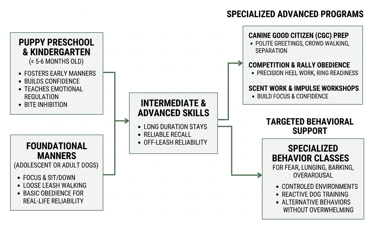 Overview of the step by step dog training framework and progression tiers