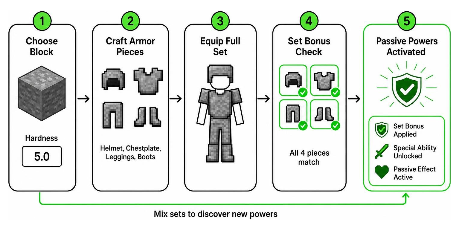 Diagram showing the process of equipping a full block armor set to activate passive superpowers
