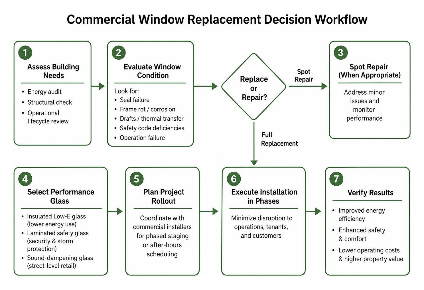 Commercial window replacement decision workflow diagram