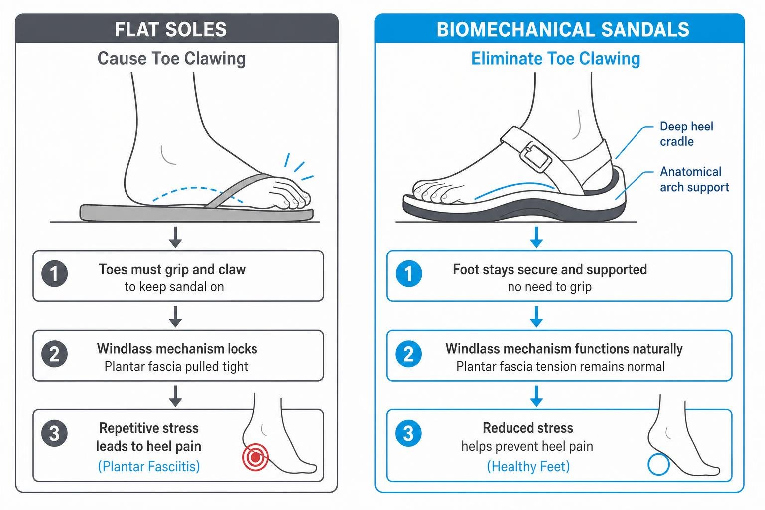 Diagram showing how flat soles cause toe clawing versus biomechanical sandals Diagram showing how flat soles cause toe clawing versus biomechanical sandals