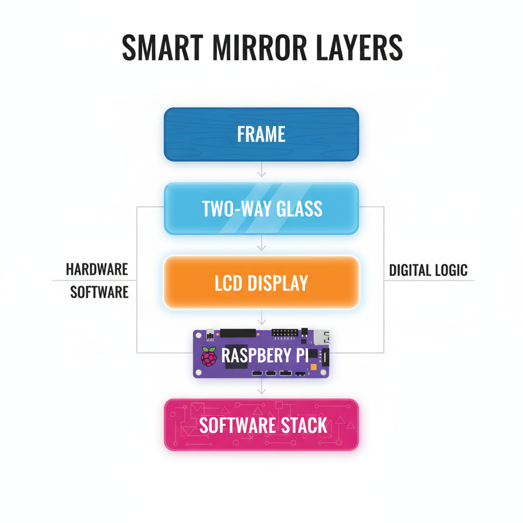 Infographic showing layers of a smart mirror: frame, two-way glass, LCD display, Raspberry Pi, and software stack - smart