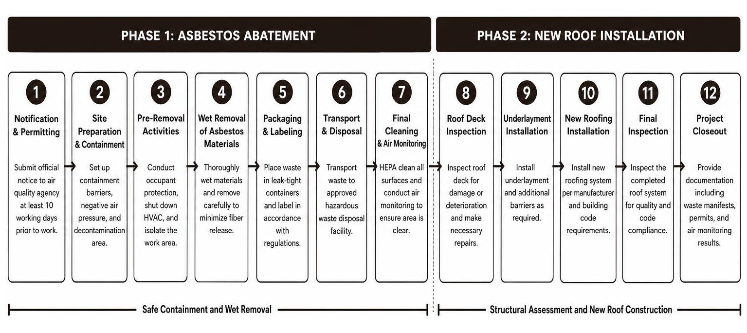 Step by step asbestos abatement and new roof installation workflow