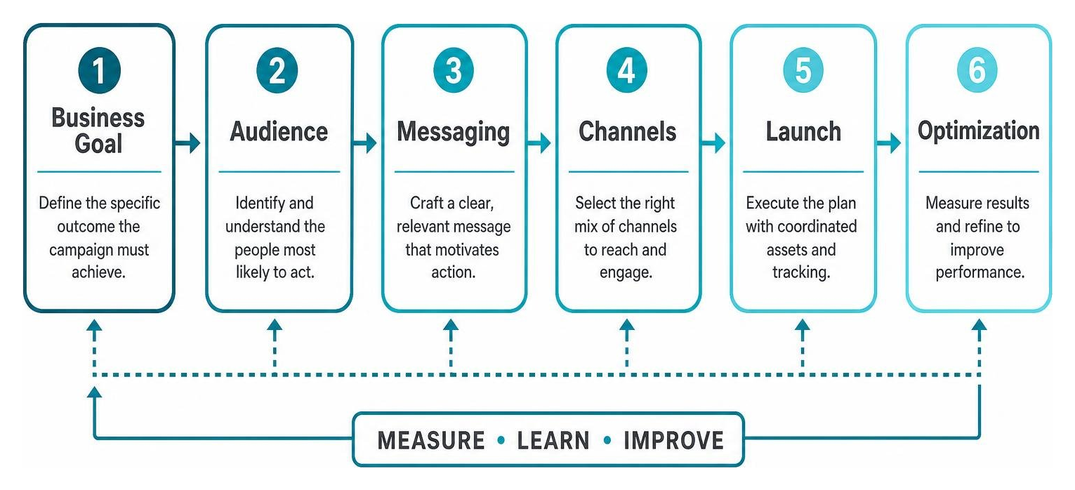 Diagram showing campaign architecture dependency sequence from business goal to conversion Diagram showing campaign architecture dependency sequence from business goal to conversion