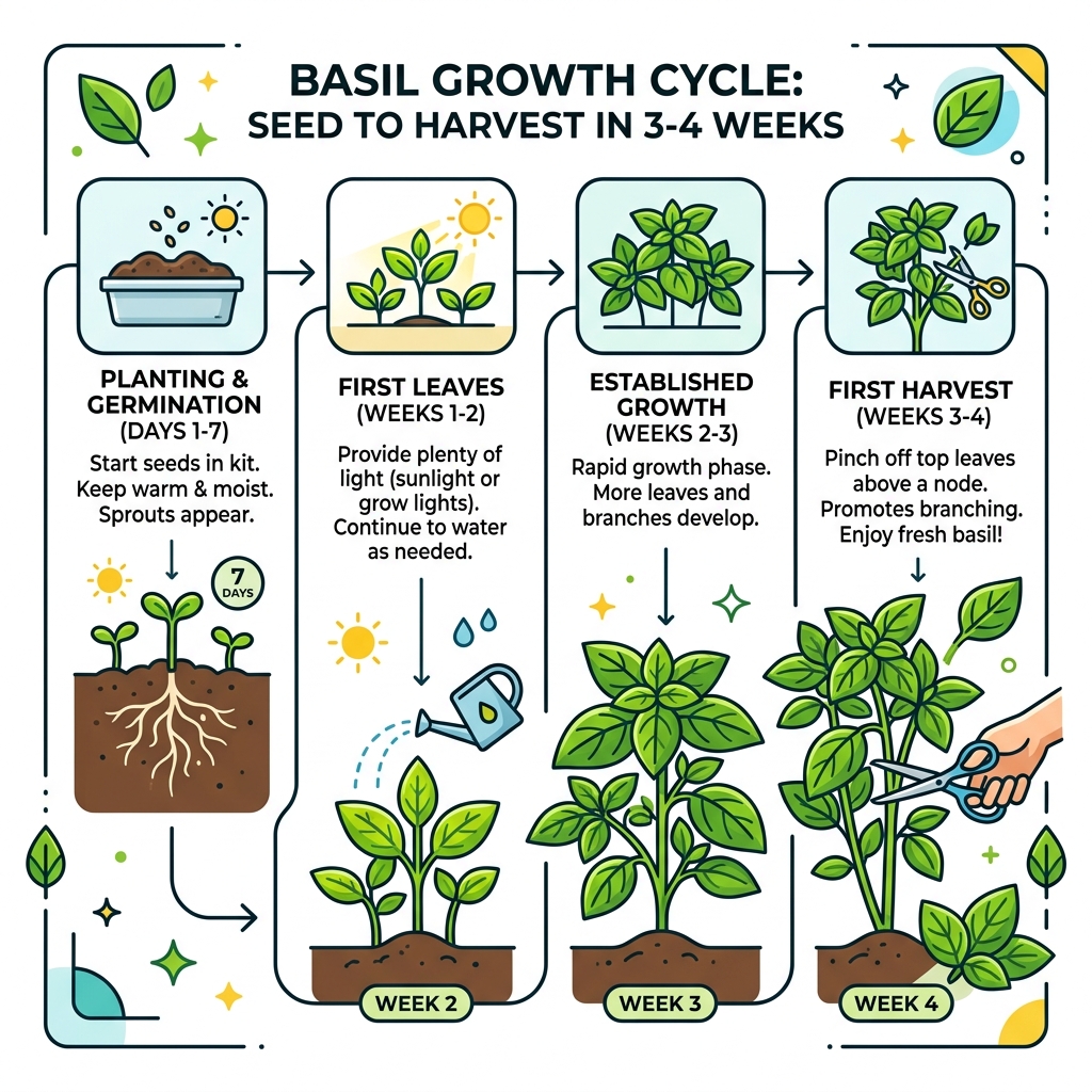 Basil growth cycle infographic from germination to first harvest in 3-4 weeks - easy basil grow kit infographic Basil growth cycle infographic from germination to first harvest in 3-4 weeks - easy basil grow kit infographic