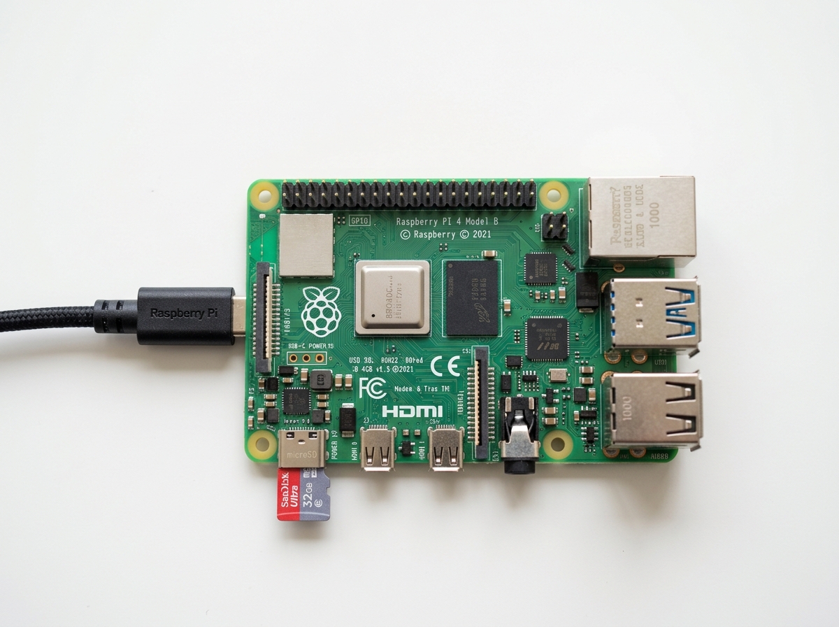 Raspberry Pi 4 Model B with microSD card and power supply components - raspberry pi mirror tutorial