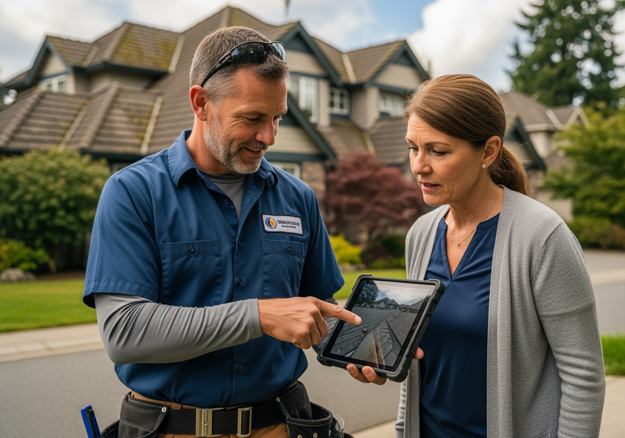 A roofer showing a homeowner an inspection report on a tablet, pointing to details. - clovis nm roofing companies