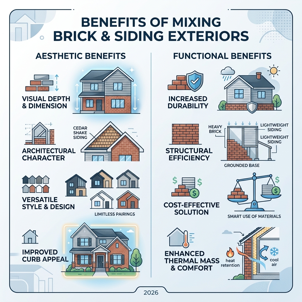 Infographic showing aesthetic and functional benefits of mixed brick and siding exteriors - brick and siding exterior Infographic showing aesthetic and functional benefits of mixed brick and siding exteriors - brick and siding exterior