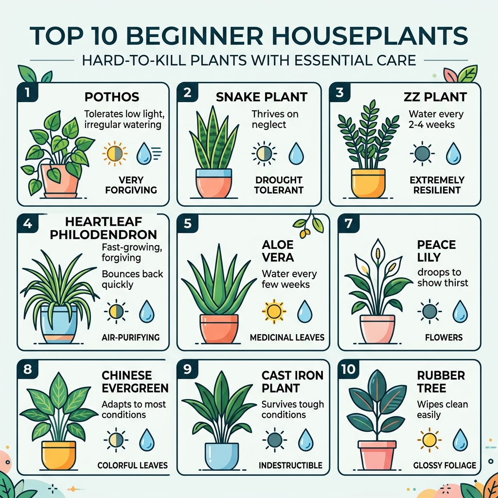 Top 10 beginner houseplants with light, water, and care requirements infographic - best plants for beginners infographic Top 10 beginner houseplants with light, water, and care requirements infographic - best plants for beginners infographic