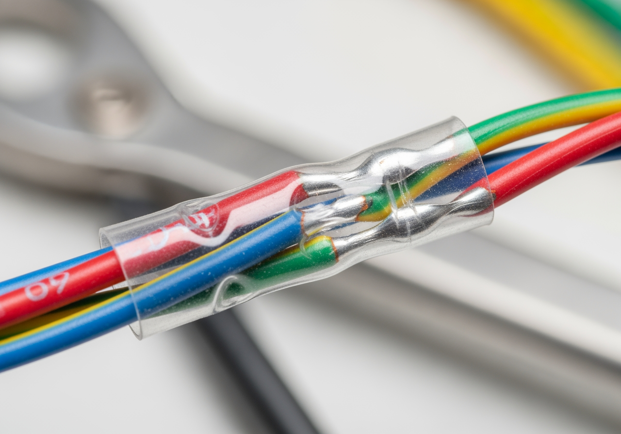 Clear electrical tape used over a color-coded wire splice, showing the wires clearly - 2 clear electrical tape