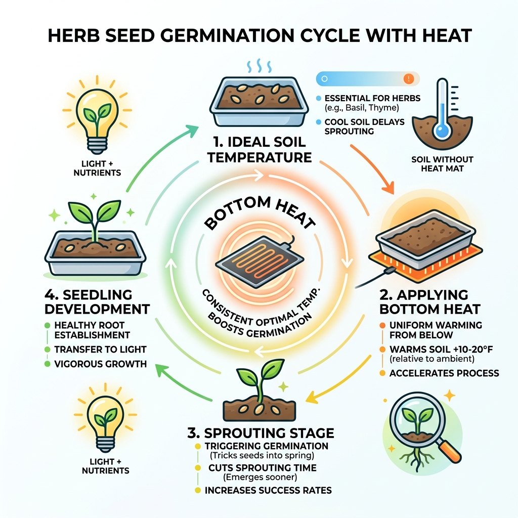 Herb seed germination cycle showing soil temperature, bottom heat, sprouting, and seedling stages - heat mat herb