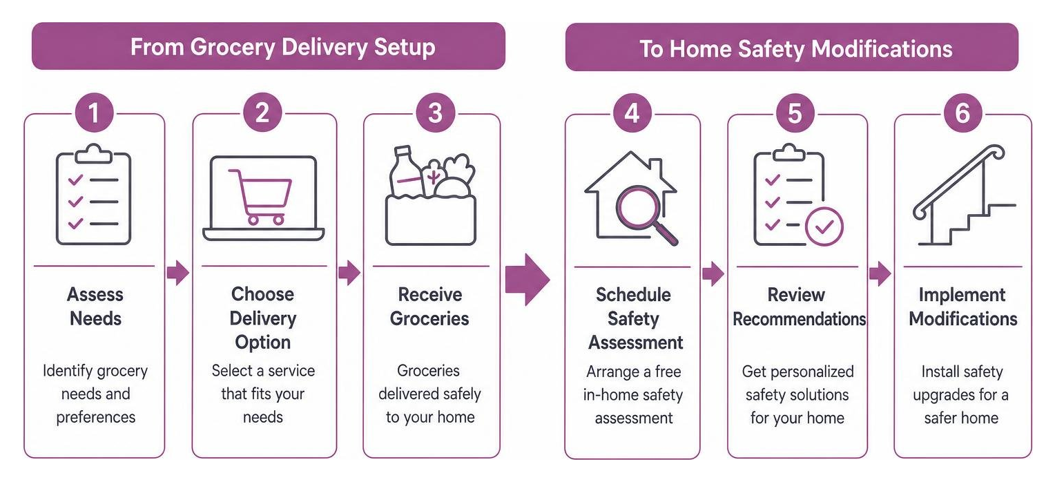 Diagram showing the process of transitioning from grocery delivery setup to home safety modifications