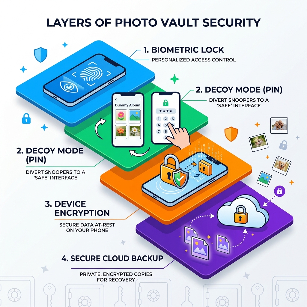 layers of photo vault security: encryption, biometric lock, decoy PIN, cloud backup - best app for storing private photos