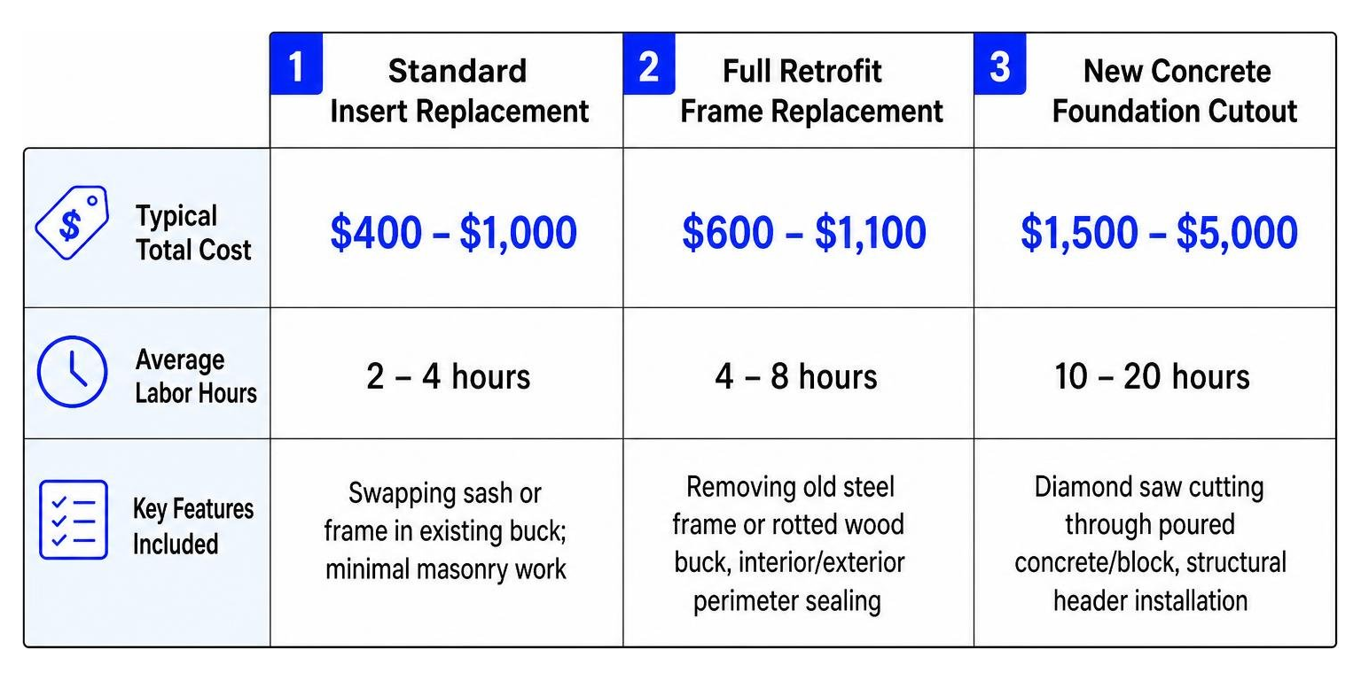 Comparison of basement window project types showing costs, labor hours, and scope Comparison of basement window project types showing costs, labor hours, and scope