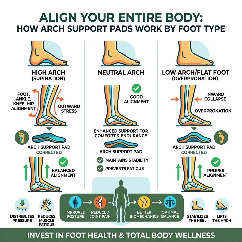 Infographic showing how arch support pads align feet, ankles, knees, and hips by foot type - arch support pads for shoes